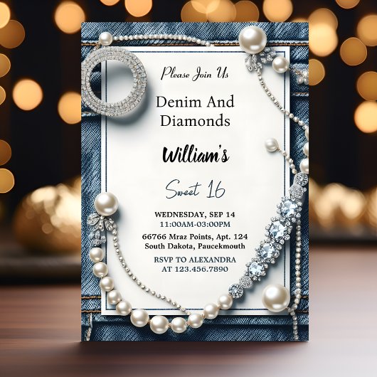Invitation Lire Élégante Gem Bling Denim Et Diamonds Sweet 16