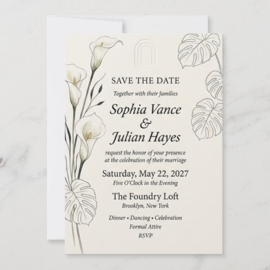 Invitation Lis calla blanc, feuille de monstera en contour, m (Devant)