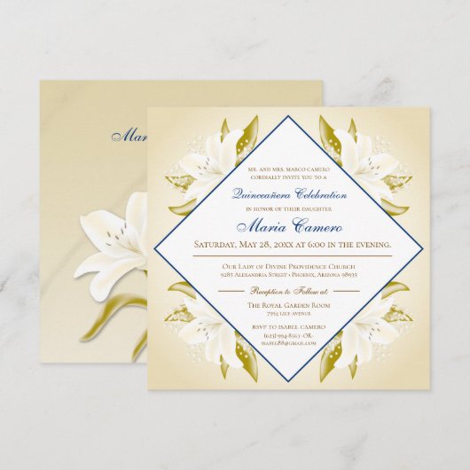 Invitation Lis d'or et bleu marine Quinceañera (Devant / Derrière)