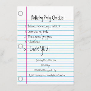 Invitation Liste de contrôle de fête d'anniversaire