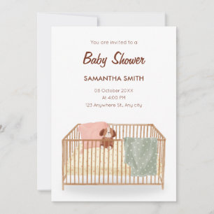 Invitation Lit bébé minimaliste avec baby shower poupée