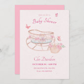 Invitation Lit bébé rose doux fleuri (Devant / Derrière)