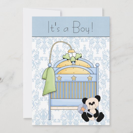 Invitation Lit Teddy Bear Baby shower bleu Damask (Devant)