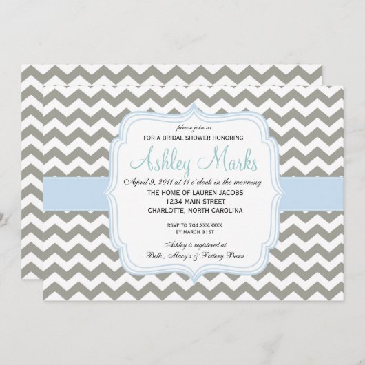 Invitation Lite Blue and Grey Chevron (Devant / Derrière)