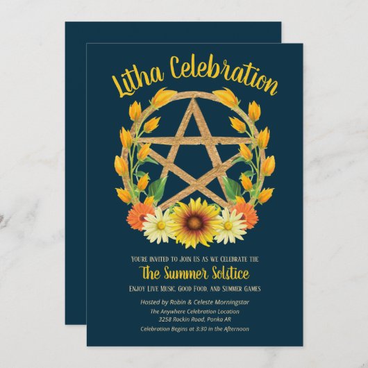 Invitation Litha Summer Solstice Gold Star Wicca Sabbat (Devant / Derrière)