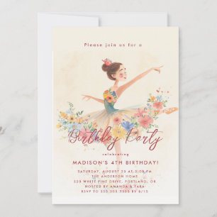 Invitation Little Ballerina et fête d'anniversaire fleurie