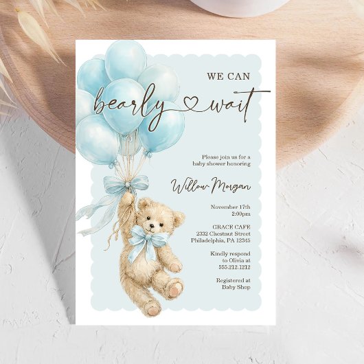 Invitation Little Bear Boy Baby Shower Teddy Bear Balloons