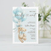 Invitation Little Bear Boy Baby Shower Teddy Bear Balloons (Debout devant)
