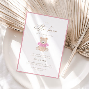 Invitation Little Bear - Moderne rose florale fille 1er anniv