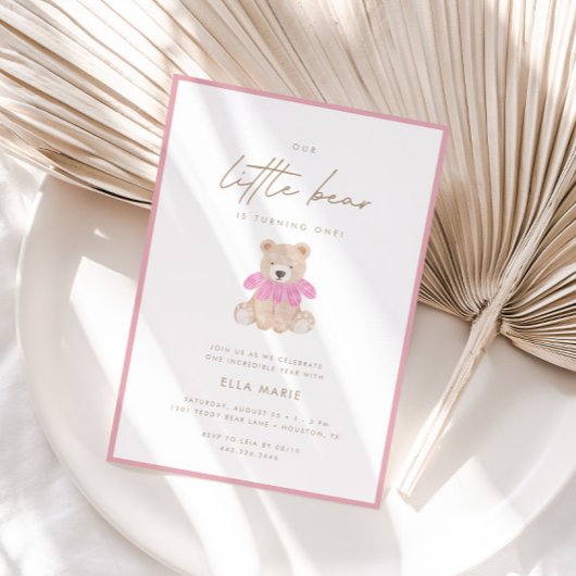 Invitation Little Bear - Moderne rose florale fille 1er anniv