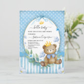 Invitation Little Bear Prince blue flower Baby boy Douche (Debout devant)