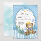 Invitation Little Bear Prince blue flower Baby boy Douche (Devant / Derrière)