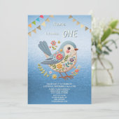 Invitation Little Bird Floral Blue Anniversaire Fête Invitati (Debout devant)