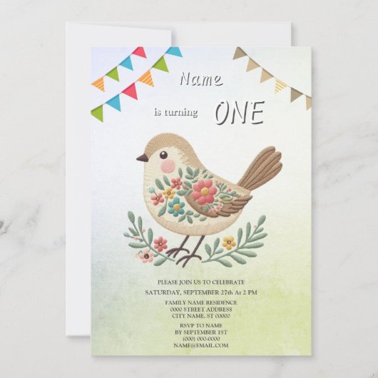 Invitation Little Bird Floral Gold Anniversaire Fête Invitati (Devant)