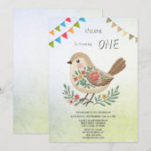 Invitation Little Bird Floral Gold Anniversaire Fête Invitati (Devant / Derrière)
