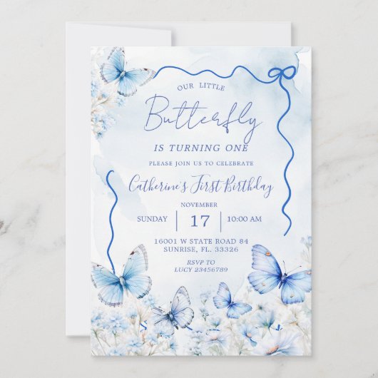 Invitation Little Blue Butterflies fête d'anniversaire (Devant)