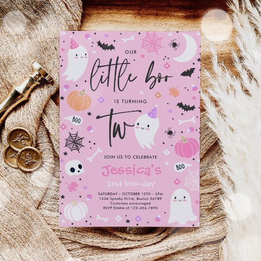 Invitation Little Boo Cute Pink Ghost 2e fête d'anniversaire