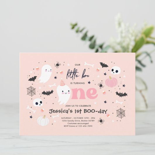 Invitation Little Boo Cute Pink Ghost Halloween 1er Anniversa (Debout devant)