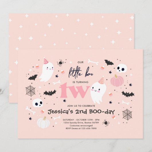 Invitation Little Boo Cute Pink Ghost Halloween 2e anniversai (Devant / Derrière)