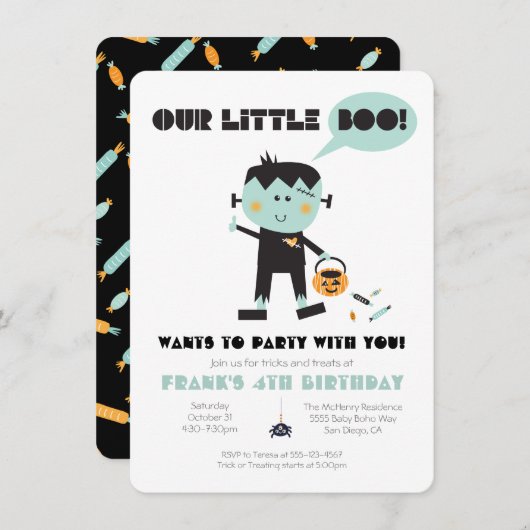 Invitation Little Boo Frankenstein Halloween fête d'anniversa (Devant / Derrière)