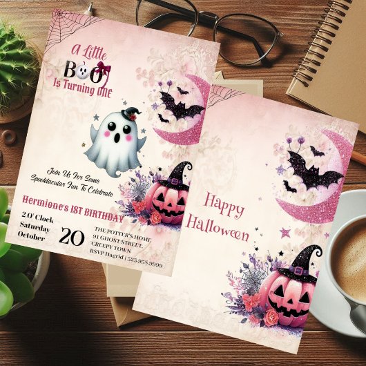 Invitation Little Boo Pink Jack Halloween Ghost 1er Anniversa
