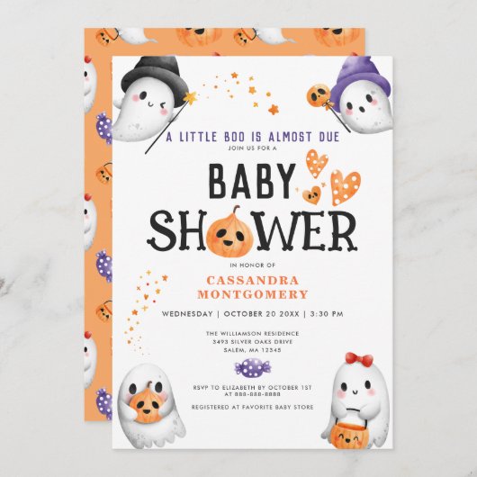 Invitation Little Boo Presque due jolie Baby shower Halloween (Devant / Derrière)