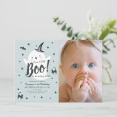 Invitation Little Boom Ghost Halloween Bleu 1er Anniversaire  (Debout devant)