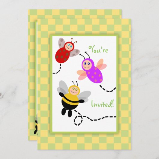Invitation Little Bugs Ladybug, Bumble Bee, Butterfly Party (Devant / Derrière)
