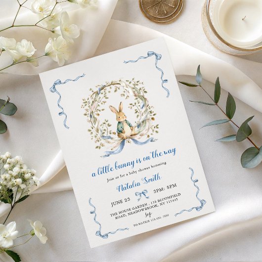 Invitation Little Bunny Baby Shower Invite | Blue Bow Rabbit