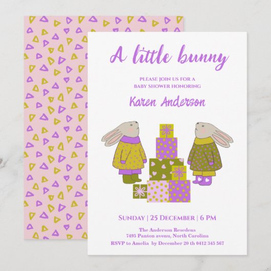 Invitation Little Bunny Presents Birthday Baby Shower   (Devant / Derrière)