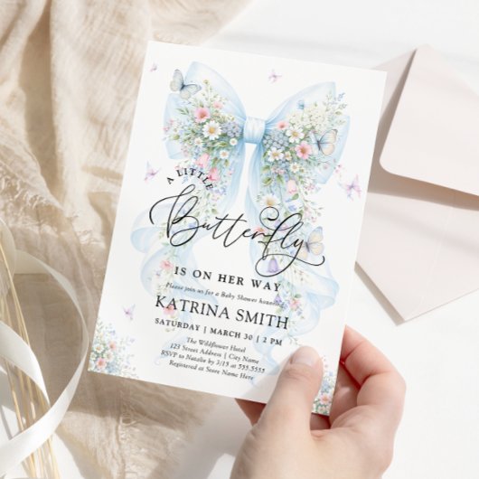 Invitation Little Butterfly Blue Bow Baby Shower