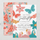 Invitation Little Butterfly Floral & Crystal 1er anniversaire (Devant / Derrière)