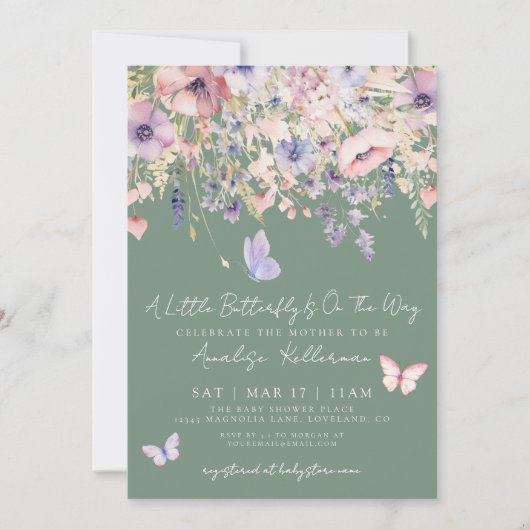 Invitation Little Butterfly Wildflower Green Baby Shower (Devant)
