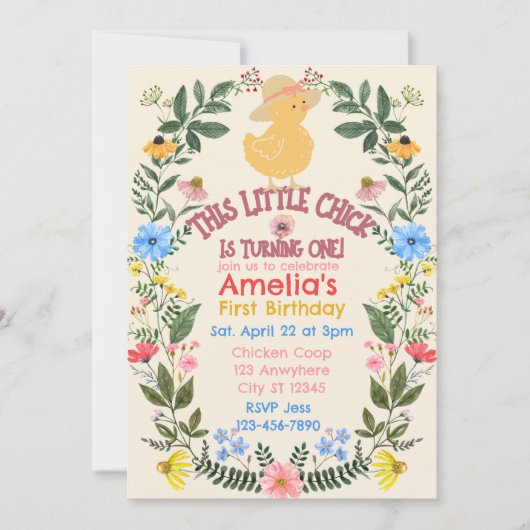 Invitation Little Chick is One, Floral 1st Birthday (Devant)