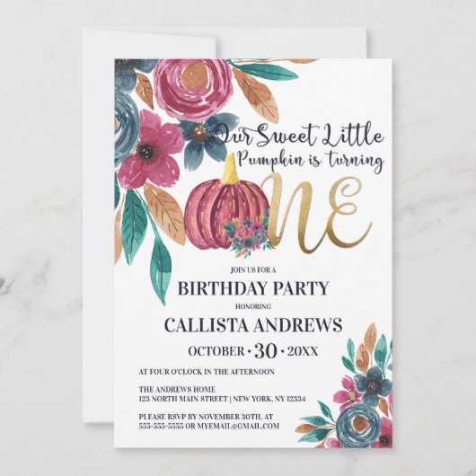Invitation Little Citrouille Fall White Gold Floral 1er anniv (Devant)