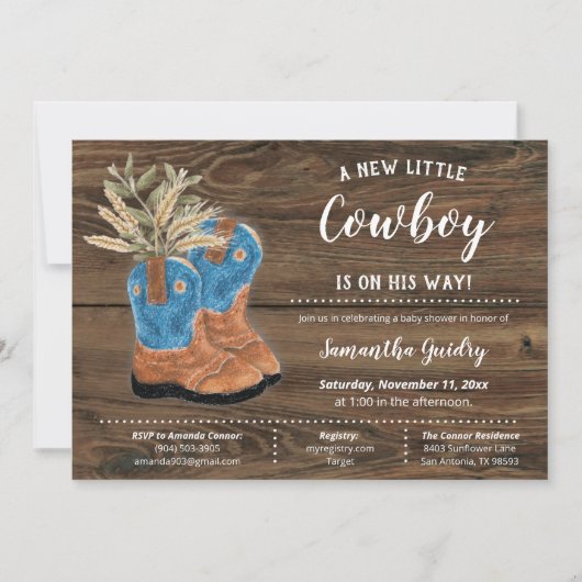 Invitation Little Cowboy Bootie Baby shower Brown en bois (Devant)