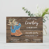 Invitation Little Cowboy Bootie Baby shower Brown en bois (Debout devant)