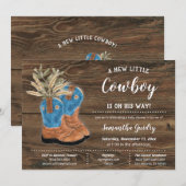 Invitation Little Cowboy Bootie Baby shower Brown en bois (Devant / Derrière)
