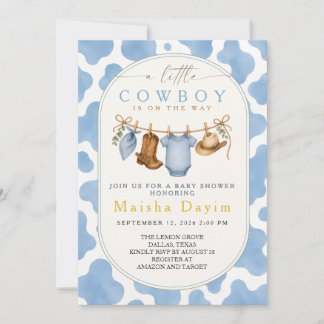 Invitation Little Cowboy Boy Blue Cow Imprimé Baby Shower