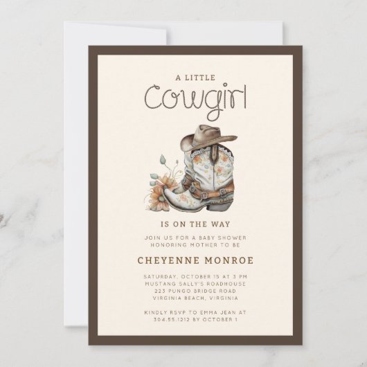 Invitation Little Cowgirl Baby shower occidental moderne (Devant)