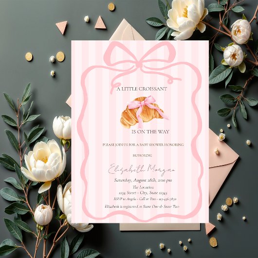 Invitation Little Croissant Pink Bow Pink Stripes Baby Shower