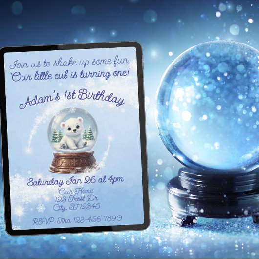 Invitation Little Cub One, Polar Bear Snow Globe Birthday