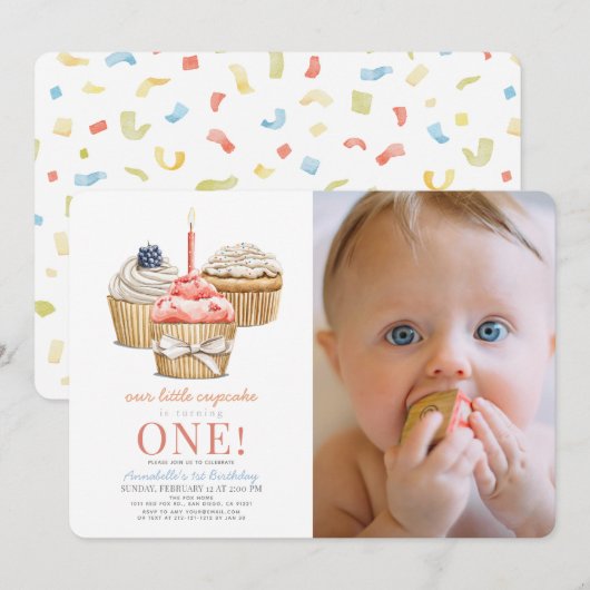 Invitation Little Cupcake Girl 1er Anniversaire Photo (Devant / Derrière)