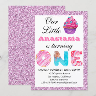 Invitation Little Cupcake Pink Lilac Parties scintillant 1er