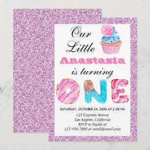 Invitation Little Cupcake Pink Lilac Parties scintillant 1er