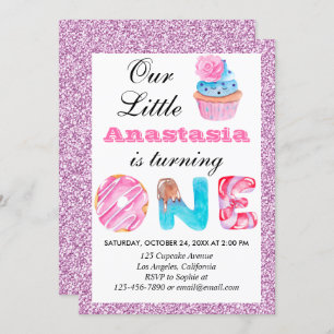 Invitation Little Cupcake Pink Lilac Parties scintillant 1er 