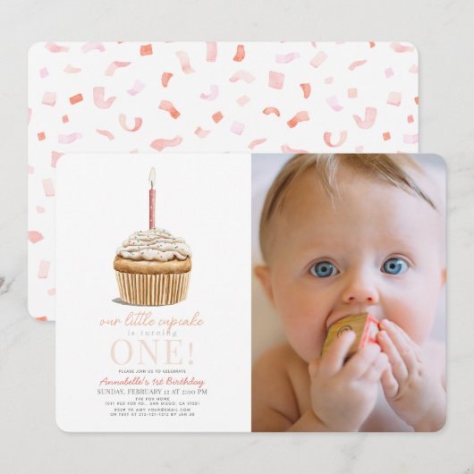 Invitation Little Cupcake Sprinkings Pink Photo 1er anniversa (Devant / Derrière)