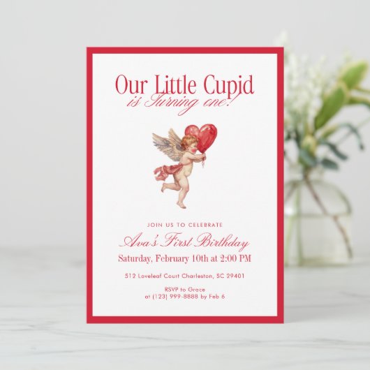 Invitation Little Cupid First Birthday Valentine (Debout devant)