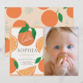 Invitation Little Cutie Modern Orange 1ère photo d'anniversai (Devant / Derrière)
