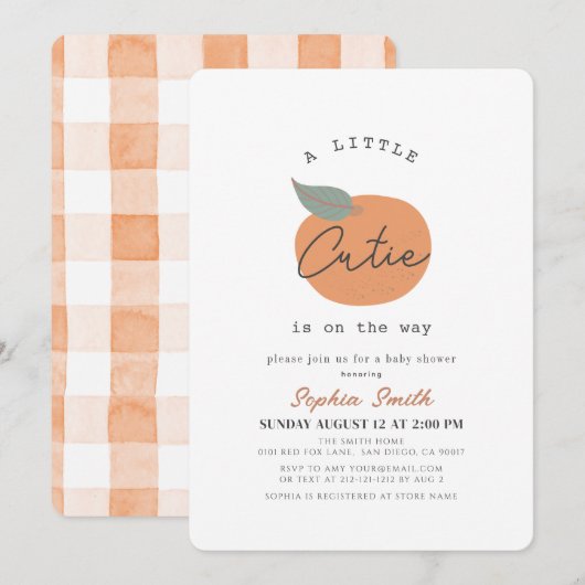 Invitation Little Cutie Orange Baby shower propre (Devant / Derrière)